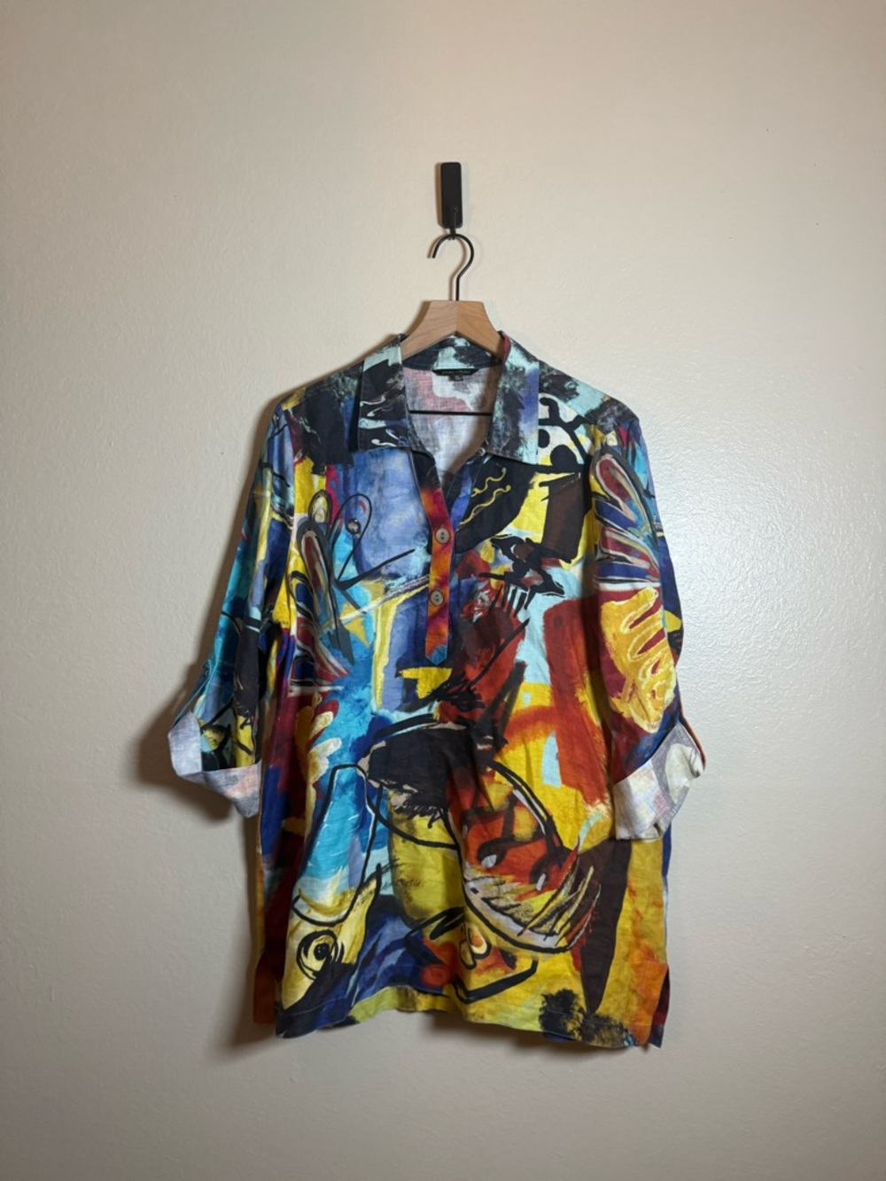 John Mark Linen Tunic Abstract Print Roll Tab Sleeves Art To Wear